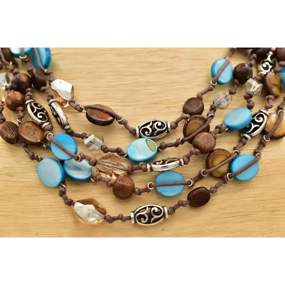 Brighton Blue Shell Beaded Collar Necklace Silver Crystal Wood Layered BinBJ